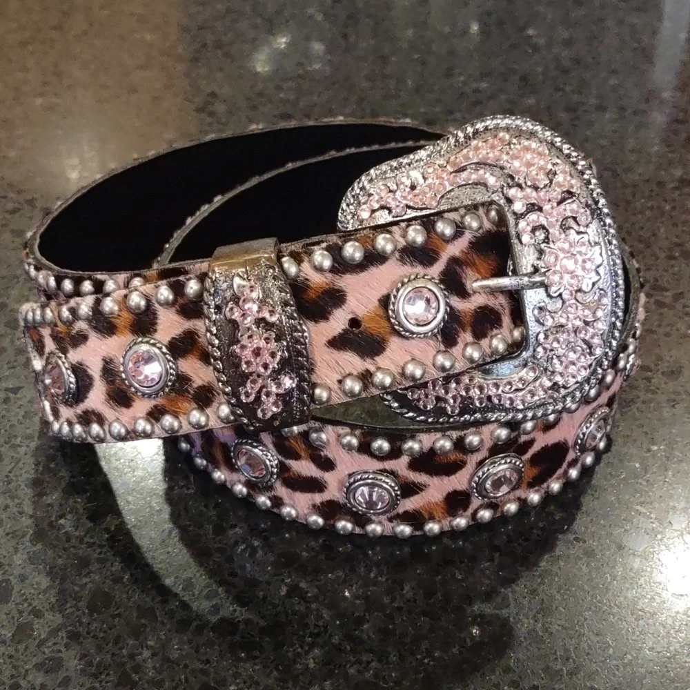 LEATHERROCK | Pink 🩷 Leopard Calf Hair Rhinestone Embellished Cowgirl Belt